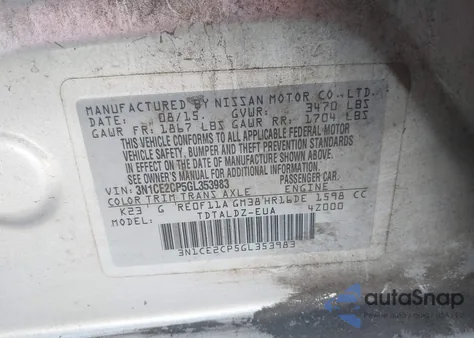 2016 Nissan Versa Note S (Sr)/S Plus/Sl/Sr/Sv from USA, damaged, VIN 3N1CE2CP5GL353983